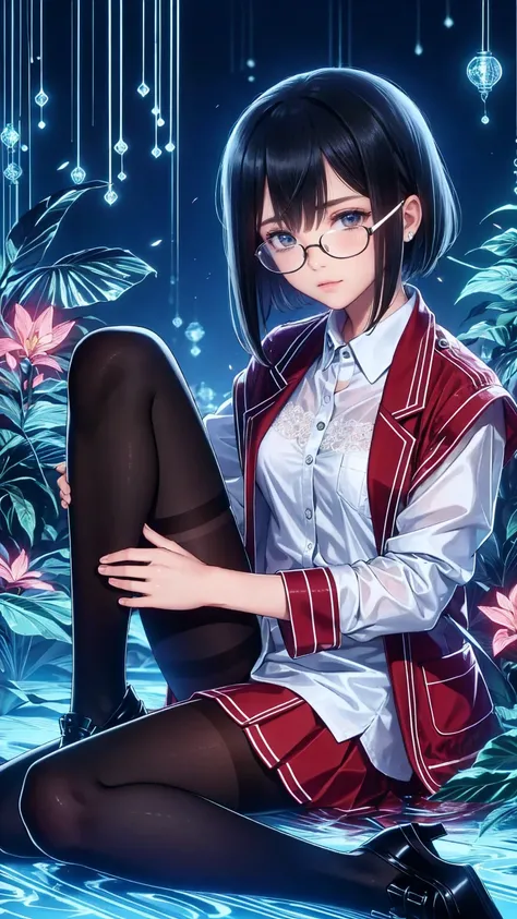 an anime girl with Glasses and a  skirt sits on ground and poses,  one girl, Alone,  skirt,  has ,  shirt, white  shirt,  pantyhose, red eyes, Glasses,  black hair, shoes, red  skirt, Check pattern  skirt,  viewers, Open the clothes, Check pattern, collare...