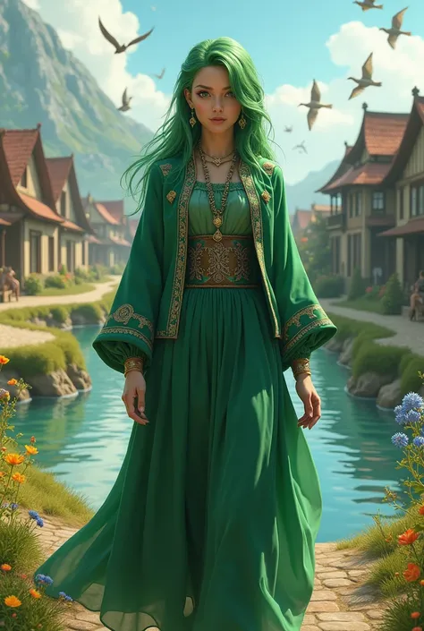 Realistic image of green hair women with slightly slanted eyes and wearing green cultural Kafkaz dress with jacket style for pp,Walking in a village with a clear river and birds flying and beautiful flowers around it