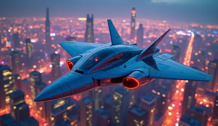 "Futuristic jet soaring above a glowing neon city skyline at night, with dynamic lighting reflecting off sleek, metallic surfaces."