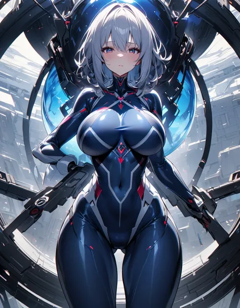  pretty girl robot is alone、Slender body、 navy blue、Girl with a spherical joint structure 、 Bodysuit 、Big Breasts、 Accurate Human Structure 