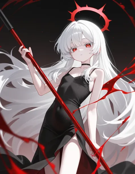 , white hair to the tips of the feet, blood-red eyes.
Wear a Black Dress with a beautiful face, white eyelashes, slim body like a  Height 147 cm. Weighing 44 kg, has a dark red halo, a light black aura  