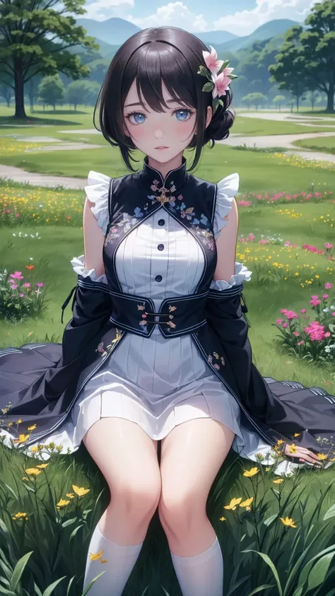 (  Masterpiece  : 1.2), ( very detailed: 1.2), ( very detailed CG: 1.2), ( high image quality: 1.2), (最 high image quality), 8k,  anime illustration,   girl with a slightly sad expression is sitting in a field of flowers, ちょっと悲しそうな表情のbutterfly々View、((There...