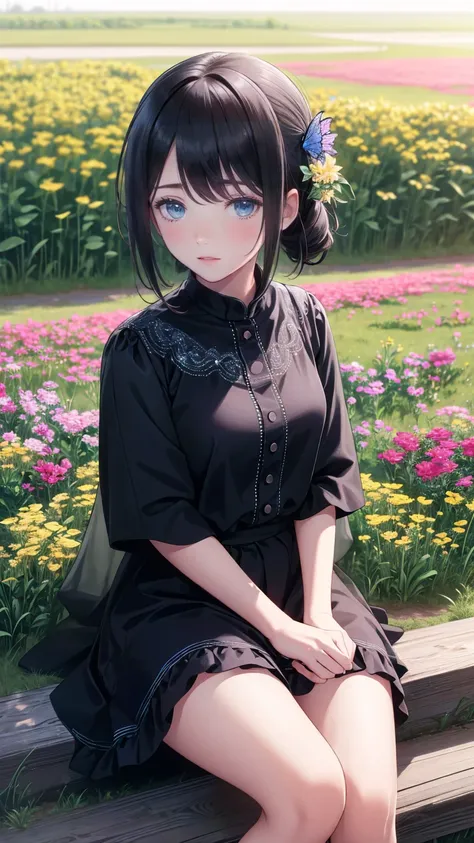 (  Masterpiece  : 1.2), ( very detailed: 1.2), ( very detailed CG: 1.2), ( high image quality: 1.2), (最 high image quality), 8k,  anime illustration,   girl with a slightly sad expression is sitting in a field of flowers, ちょっと悲しそうな表情のbutterfly々View、((There...