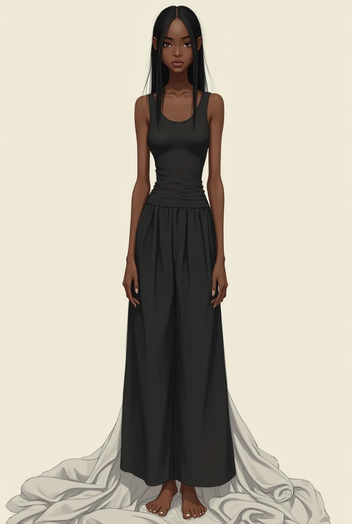  From brown skin straight hair thin black tall clothes with sheets and black calsa realistic drawing