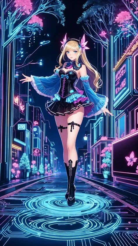  (((gothic))),      tree々Woman standing on a street surrounded by   、 A fascinating scene  ,      Decorate with hair accessories      、        pose is medium length       ,            wavy blonde hair   ..。.。Super mini skirt with frills, s expression is na...