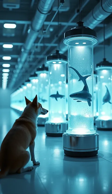  A futuristic laboratory filled with rows of cylindrical glass containers transparent, illuminated by a soft blue glow .  Each container has a metal base and contains different animals in a suspended state . In the foreground, a dog is calmly inside one of...