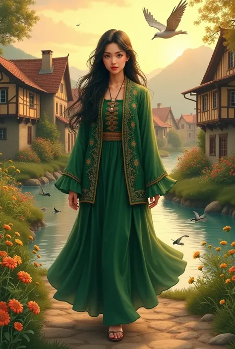 Realistic image of dark green hair women with slightly slanted eyes and wearing green cultural Kafkaz dress with jacket style for pp,Walking in a village with a clear river and birds flying and beautiful flowers around it, sunset 