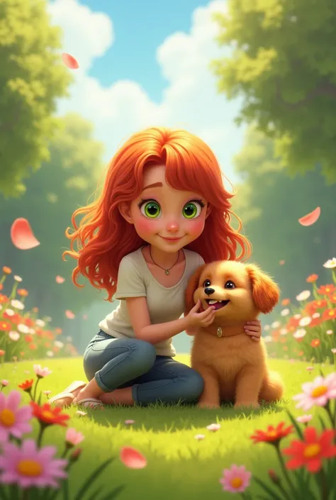  A redheaded adult woman ,  green eyes  ,Playing with a small caramel-colored dog, At the park being  ,Happy with your animal sunny day , Flowery garden 