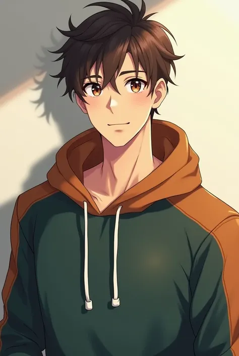 A very handsome college student, 21 years old, 1st grade, Cute style, dark green + brown hoodie, brown eyes and hair, smiling, male, masculine, muscular, anime