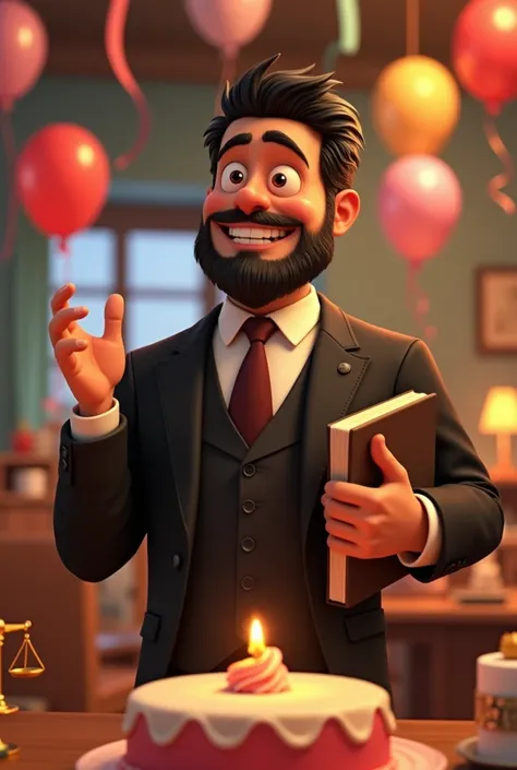  Make the image of a dark-haired lawyer , gordo,  with some beard and short hair , celebrating his 36th birthday in a Pixar style.  The character has a cheerful expression and is dressed in an elegant costume .  He is holding a file in one hand and a piece...