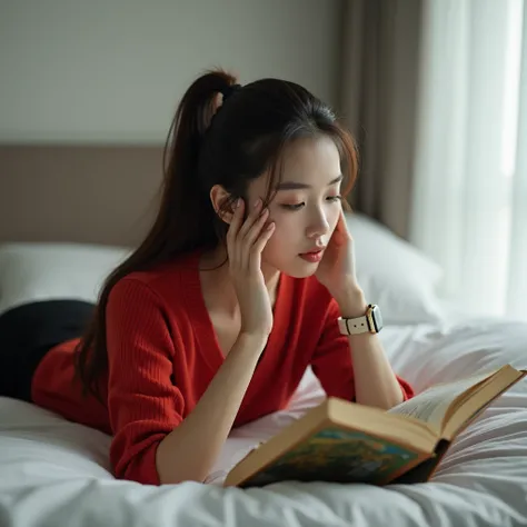  Asian girl, pink-white skin, pretty sharp appearance, long hair always in a ponytail, black, pretty hands, fingers and pretty slender nails came into the look. Red long-sleeved shirt, wore black pants. She was lying reading a travel book in a white bedroo...