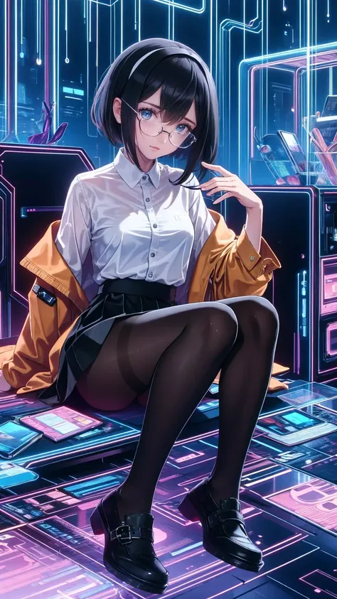 an anime girl with Glasses and a  skirt sits on ground and poses,  one girl, Alone,  skirt,  has ,  shirt, white  shirt,  pantyhose, red eyes, Glasses,  black hair, shoes, red  skirt, Check pattern  skirt,  viewers, Open the clothes, Check pattern, collare...