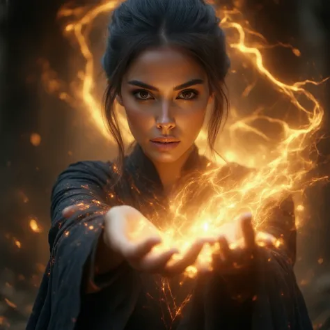 One Female Wizard 、 Magic of Lightning on the Left Hand 、 Dark Magic on the Right Hand 、Cool look、 beautiful woman、 beautiful eyes、 beautiful face、Highly detailed face、Realistic facial expressions、 super high definition 、8K images、 full body image 、 Incred...