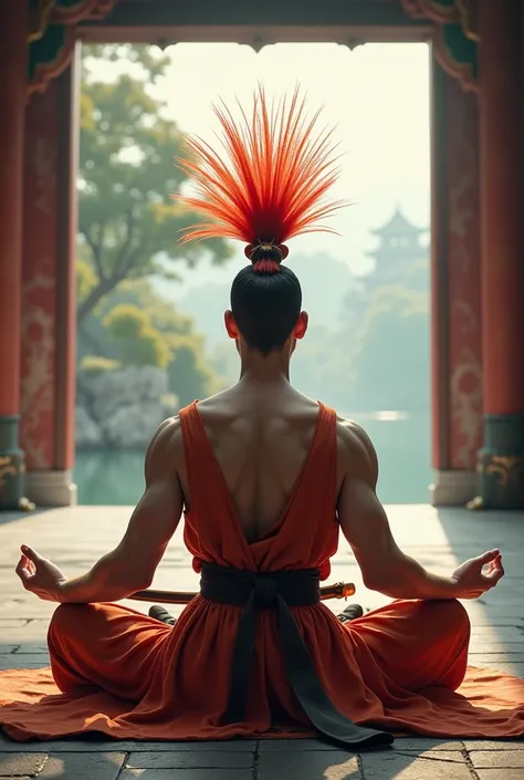 A MUSCULAR RED CROWNED CRANE WITH A HUMAN BODY AND RED CROWNED CRANE FEATURES IN A Shaolin Temple WALKING WITH A SWORD AT HIS SIDE AND WEARING A VEST IS A KUN FU MASTER MEDITATING, HE IS WEARING A GLUTINOUS KUNG FU HAT, LAKE BACKGROUND