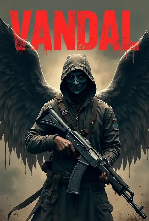 Angel with mask and ak-47 (hooligans style). above it write vandal in large letters and in smaller letters below alone against all