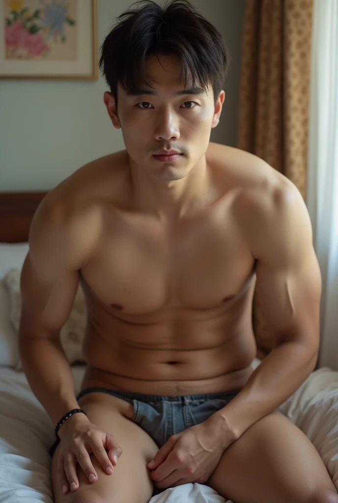 Asian Hansome  man. Ware panty but dick appear and show abs. Sitting on bed and mastrubtion