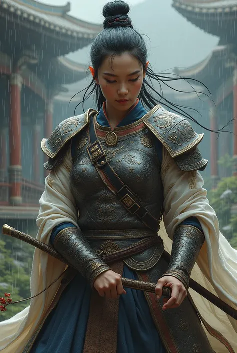 "A stunning mongolian female warrior in intricate armor, mongolian cloth, gracefully dancing in the rain with a katana in hand. Her serious gaze reflects determination, while the rain enhances the serene and powerful atmosphere of the moment."