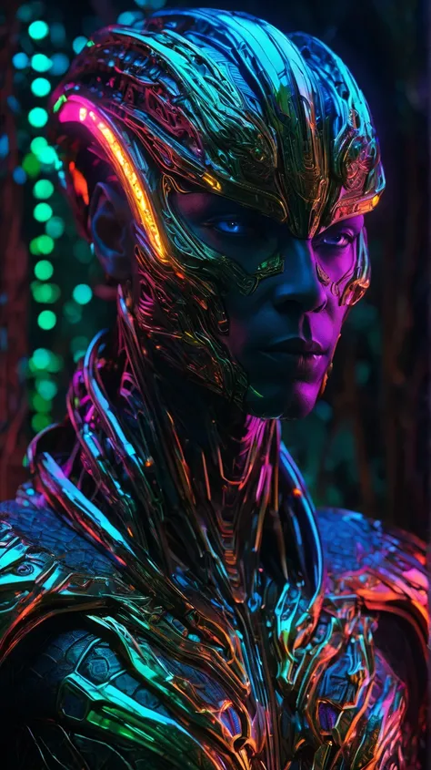  mute photo entitled  " Cosmic light in the foreground {x} male futuristic alien creature of neon lava-colored light in a jungle"  Mute palette ,(par Ivan Albright:1.2), Muted colors, detailed, 8k,  ultra high definition , 8k, moteur Unreal 5, mise au poin...