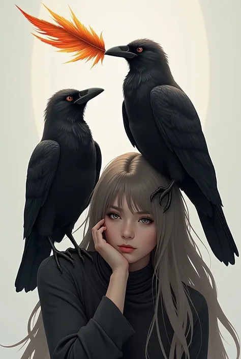 Make an image of two crows on the shoulder with the Phoenix feather in the crows mouth and the person with their hand on their face 