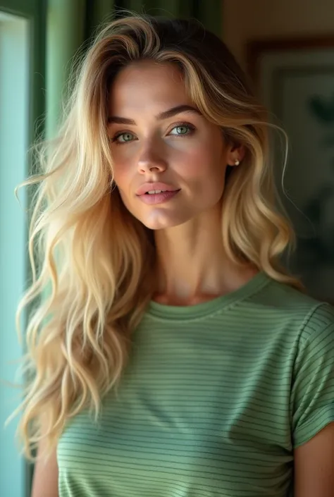 Belle femme aux longs cheveux blonds bouclés, yeux verts, nez long et taches de rousseur portant un t-shirt rayé vert