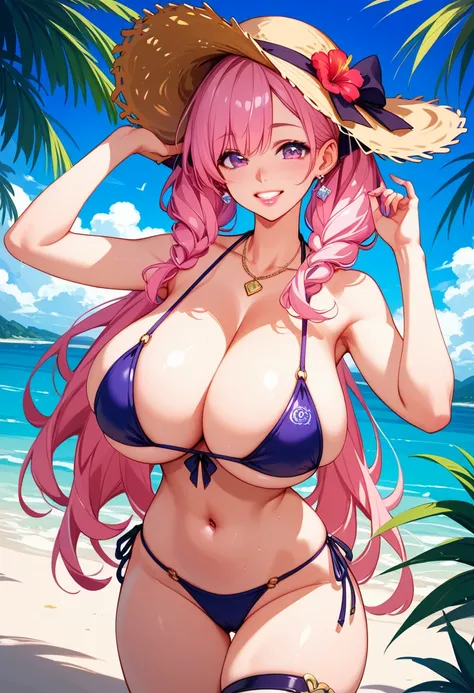  super huge boobs、giant boob、 saggy boobs、woman、Huge chest、Big Breasts、Busty、bikini、 beach 、 straw hat、smile、 Sexy Pose 、 showing off teeth 、 pink twin tails、Big Eyes、 thick lips 、 fold your arms behind your head、 Hosts 、Lively、 bright 、Porn Image、