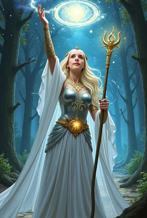 Comic-style digital illustration of Galadriel in a regal and commanding pose, raising one hand to summon ancient elven magic while holding a radiant staff in the other. Her silver-white gown, adorned with platinum and gold embroidery, flows elegantly with ...