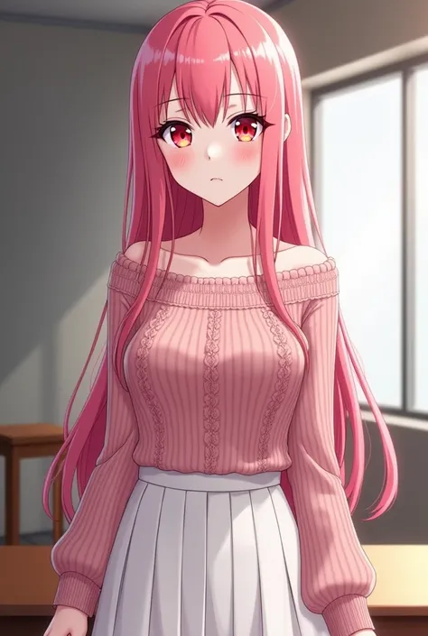  higher quality ,  very detailed, masterpiece,  anime style . A 19-year-old girl  (pink hair,  red eyes,  very white skin)  she is dressed in a Select Pink Womens Long Braided Knit Blouse, a white skirt.fringe,  long hair , In a company boss room .