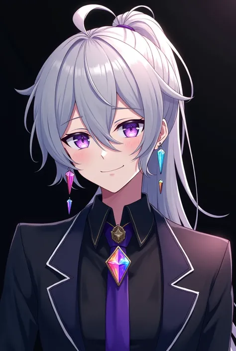  high definition, Long hair,  Ponytail, Light gray hair , Rainbow Crystal Earrings , Purple eyes, smile, , symbolic eyes ,  Anime Party Dress, Male,  With Solid Black Suit