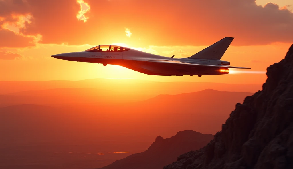 "Magnificent futuristic jet flying through a vivid sunset, casting long shadows over a desert landscape."