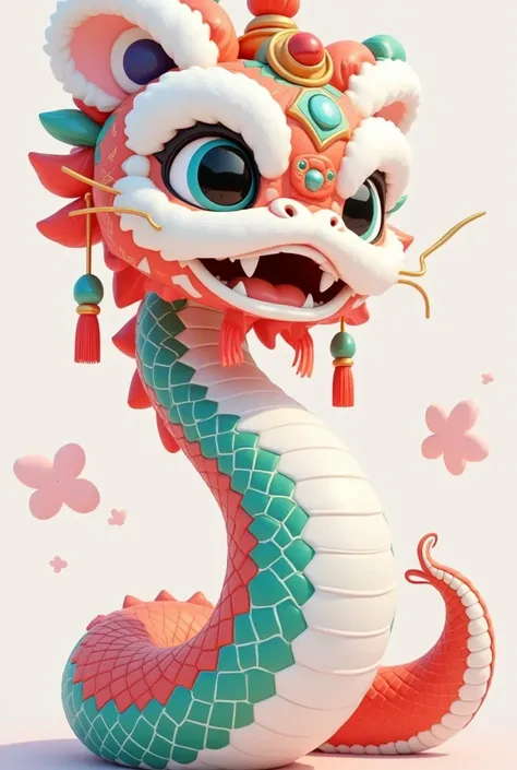 a beautiful detailed chinese new year lion dragon, extremely detailed face with large eyes, long eyelashes, cute expression, wearing a traditional chinese lion dance headdress, coiled snake body with intricate patterns, 3D render, c4d, highly detailed, plu...