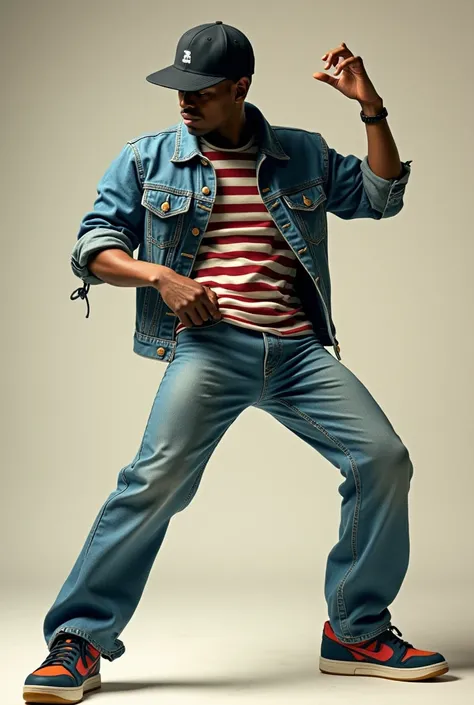 Create a man wearing a straight back facing cap with an 80s hip hop style wearing the following clothes,  tight jeans , Jenas jacket over a striped t-shirt dancing hip hop