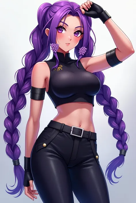 anime style, woman, kaisa kda outfit skin, full body character, wearing black leggings, crop top without sleeves, black leather gloves, purple hair with the hair rolled into two small curls and loose to the waist, braided in two, pose one hand down one han...