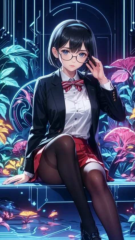 an anime girl with Glasses and a  skirt sits on ground and poses,  one girl, Alone,  skirt,  has ,  shirt, white  shirt,  pantyhose, red eyes, Glasses,  black hair, shoes, red  skirt, Check pattern  skirt,  viewers, Open the clothes, Check pattern, collare...