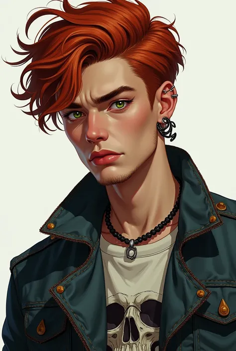 Male, 18 years old, naturally messy red hair, intense green eyes, straight nose, sharp chin, with a little stubble, a piercing on the left side of the lip, he is wearing a skull shirt and denim jacket leather, illustration style but a little dark 