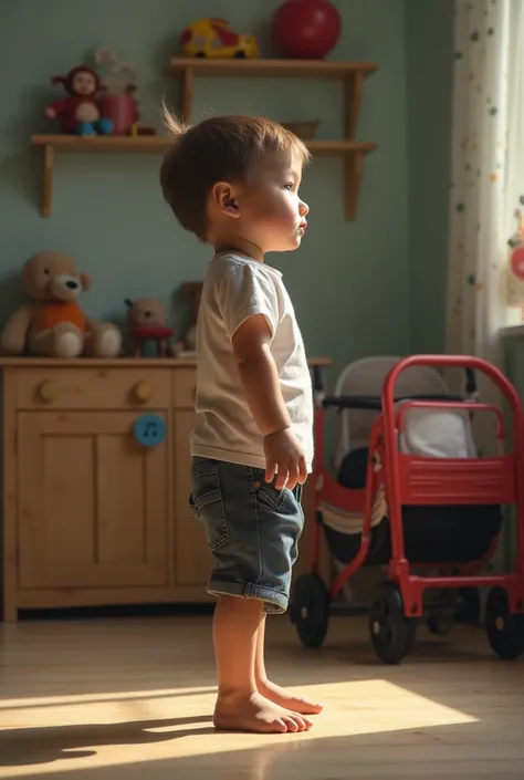 Realistic photo of a  boy standing 96 cm tall in profile in a room with toys making him push with his posture and straight hands without leaning,  a straight stroller but without the cart showing up because Im going to make a photomontage and Im going to p...