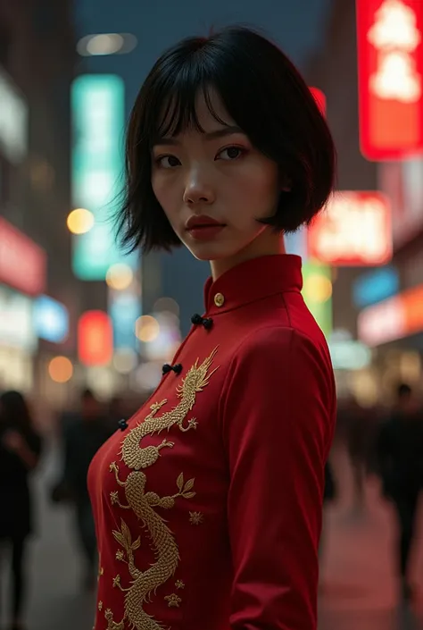 Southeast Asian woman((Jeon Ji-Hyun)), short hair ((black)), wearing ((red qipao dress, gold dragon embroidery)), small chest, athletic, dynamic pose, solo, ((accurate anatomy)), London city ((night)), (absurdes), (ultrasharp), (masterpiece), (best quality...