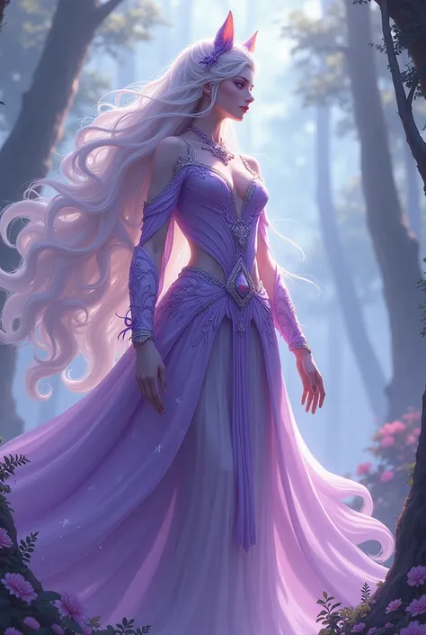 Anime style. Goddess of beasts. Human features with animal features as well. Extremely tall. Purple clothing 