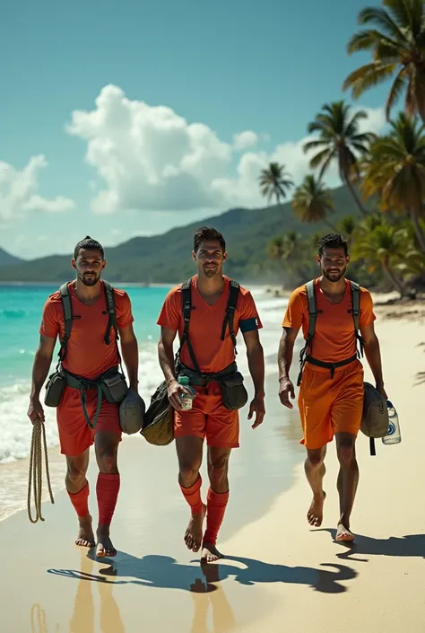 The Island Arrival
Ronaldo, Messi, and Zlatan stepping off a helicopter onto a sandy beach, each holding their limited supplies—rope, tarp, knife, and water bottle.
