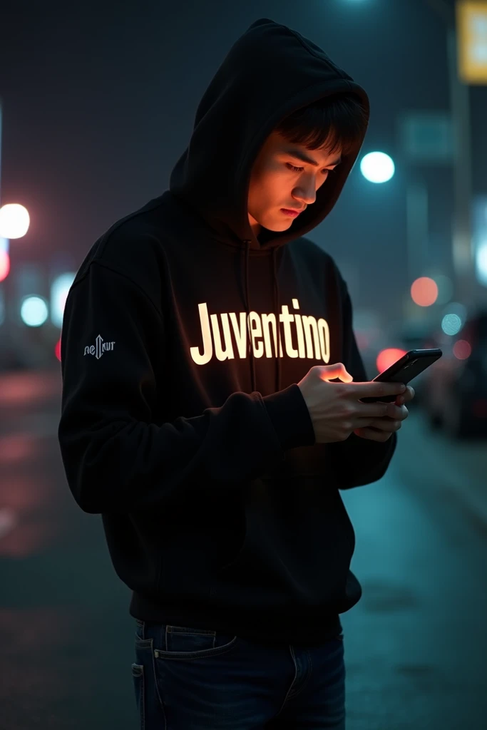 showing full HD high resolution, a 27 year old white man from Korea, wearing a black hoodie with a hood, on the chest of the hoodie the letters "Juventino" are written in glowing highlighter color, and jeans, using a black cell phone with a large screen an...