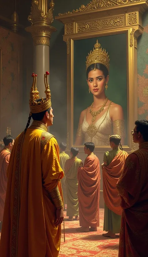 Suasana istana yang ramai,  showing Raja Hayam Wuruk in a graceful golden dress,  looking at the beautiful portrait of Princess Dyah Pitaloka , symbolizes his admiration and romantic longing .