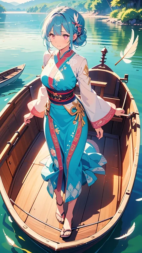 beautiful illustration, best quality, bright lighting, 1girl, solo, full body, feminim girl, fantasy lake background, soft blue hair color, braided bun, pink eyes, Breasts, full body, take a boat, Tears, Feather Hair Ornament, traditional indonesian batik ...