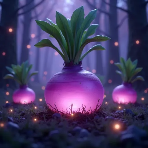 "A magical scene featuring a close-up of a large purple-and-white turnip growing in rich soil, with vibrant green leaves extending upwards. The turnip glows softly, illuminated by a mystical light that accentuates its smooth texture. Surrounding it are oth...