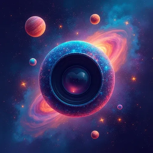 Galaxy in Focus "
 A design with floating planets in vibrant colors ,  bright stars and a nebula in shades of blue and purple . in the center,  a stylized camera with the viewfinder showing a heart-shaped black hole.