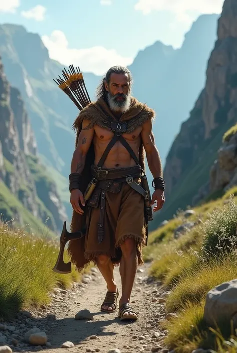 Man from the Neolithic period, carrying a holster with some arrows, a large bow and a copper axe. Covered with a cloak of ibex skin. Thin man, with a scar at the level of his navel. You are walking in a mountain valley. Realistic image.