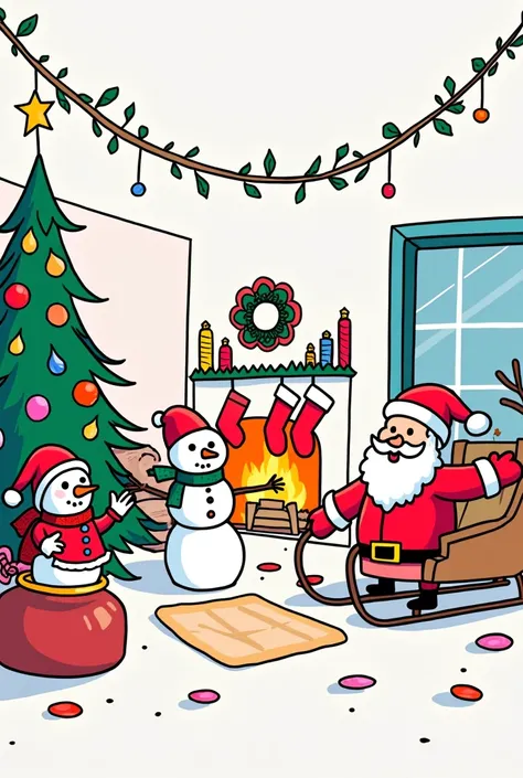  colorful line drawing ,  simple spacious room , A Christmas tree, a fireplace , A snowman,  a star ,  a sled ,  Christmas stockings , A reindeer ,  Santa Claus ,  everything clearly arranged and visible