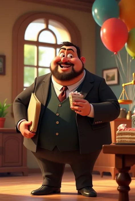 Make the image of a fat brown lawyer,  with some beard and short hair , celebrating his 36th birthday in a Pixar style.  The character has a cheerful expression and is dressed in an elegant costume .  He is holding a file in one hand and a piece of cake in...