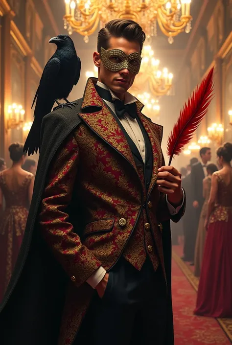 Generate an image of a handsome man at the masquerade ball with a crow on his shoulder holding a phoenix feather in his hand 