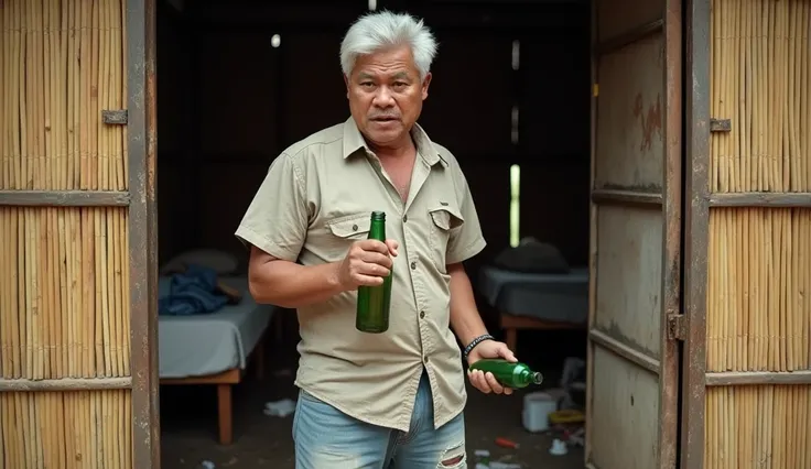 ((ultra-realistic photo)) [A 50-year-old Indonesian man with a stocky build and sharp, piercing eyes stands angrily in front of a simple bamboo bedroom door. His expression is one of intense anger, and his gesture—clutching a green bottle tightly in one ha...