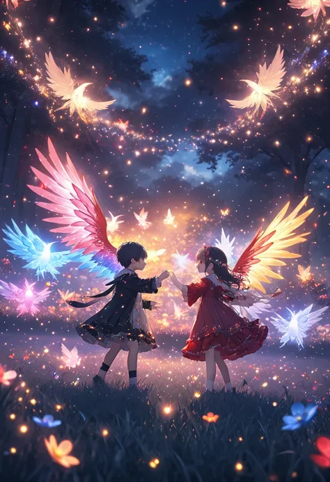 (masterpiece, best quality,ultra highres),A cute devil and an angel are facing off to play pranks on each other., The atmosphere is magical and exciting, with glowing lights and action effects flooding the field, 