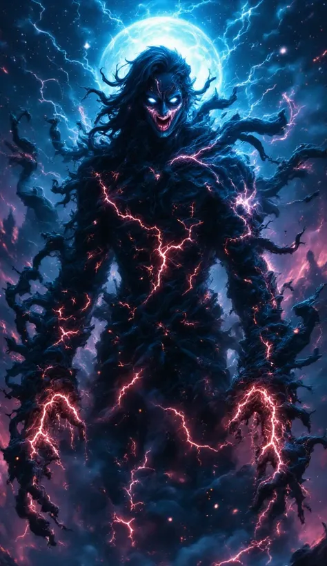 Dark, cosmic Superman figure, ravaged by vines and corruption, screaming, central figure, intense, (detailed features:1.3),  long flowing hair, bloodshot eyes, teeth bared in a terrifying roar,  cosmic atmosphere, (detailed vines:1.2), intense lighting, vi...